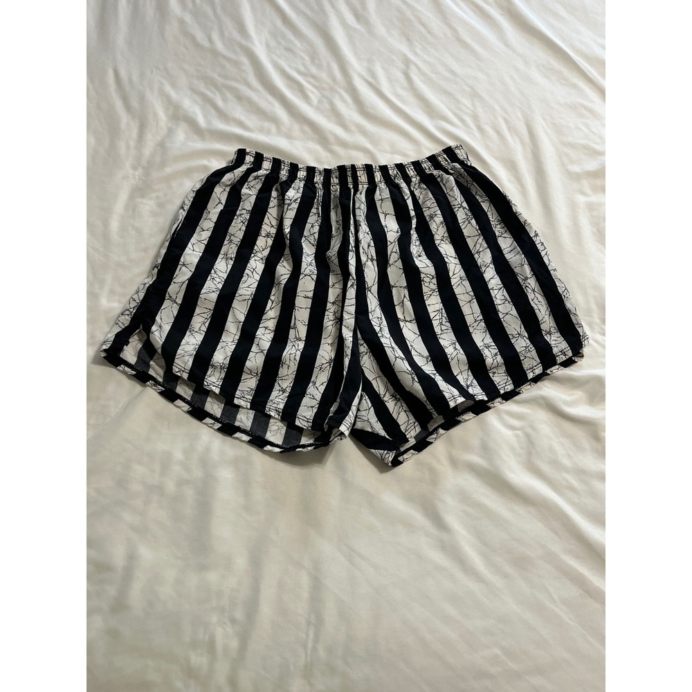 Danskin Vintage Black White Striped Nylon Athletic Shorts 6104 Womens Large USA